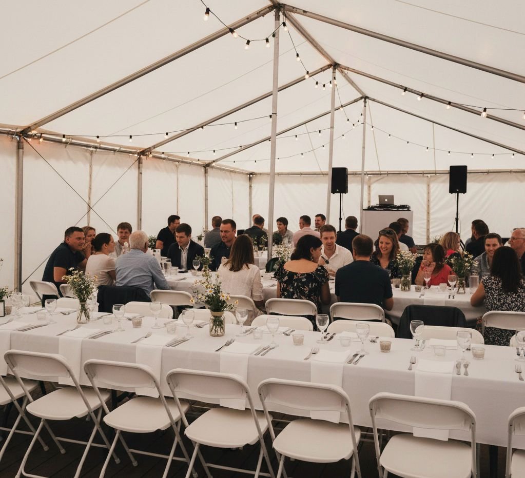 White folding chairs setup for a party in Hamilton Ohio